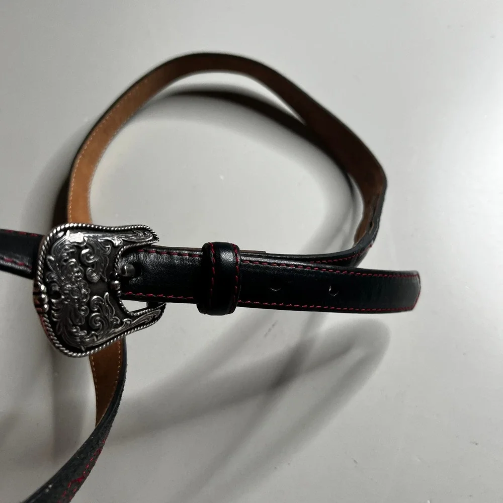 Tony Lama Mens Black Leather Western‎ Belt Red Stitching Silver Buckle C51083 36